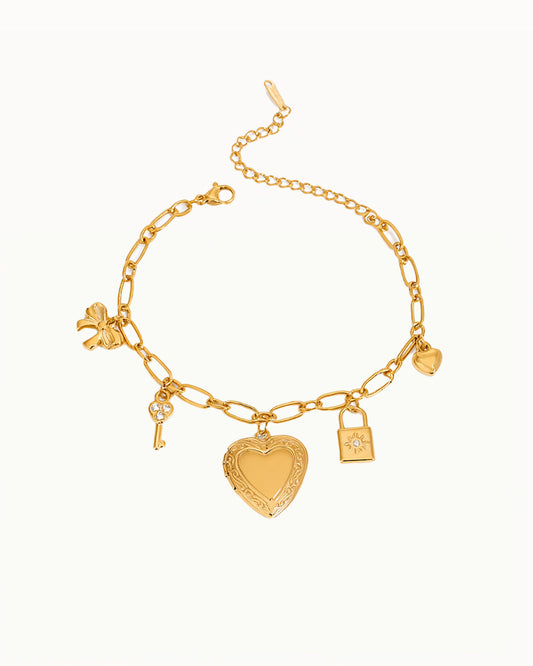 Bracelet chaîne doré avec cœur, clé et cadenas - Brenda
