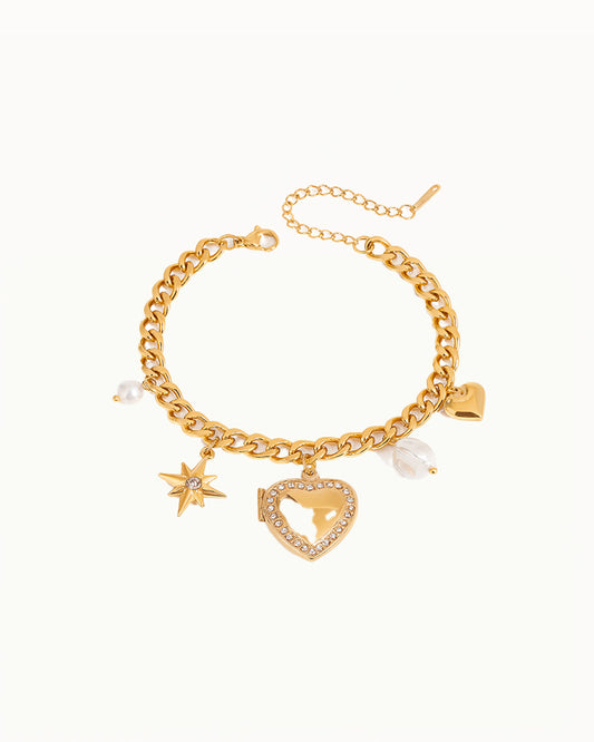 Bracelet chaîne doré avec breloques cœur, étoile & perle - Dine
