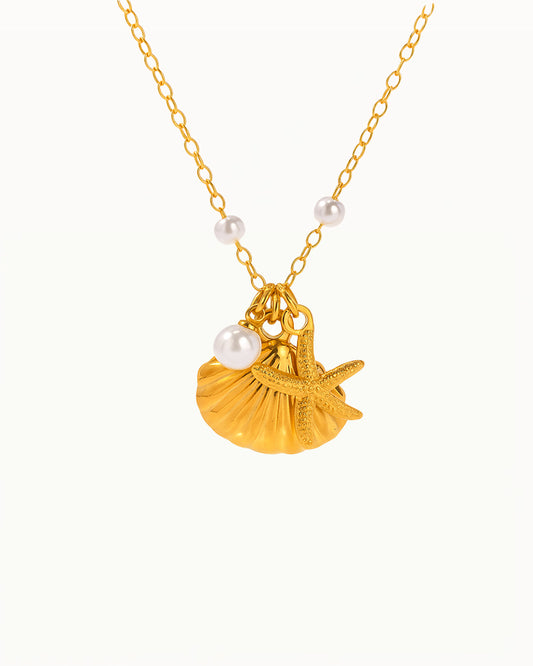 Collier en Or avec Pendentifs en Coquillage, Étoile de Mer et Perle - Rika