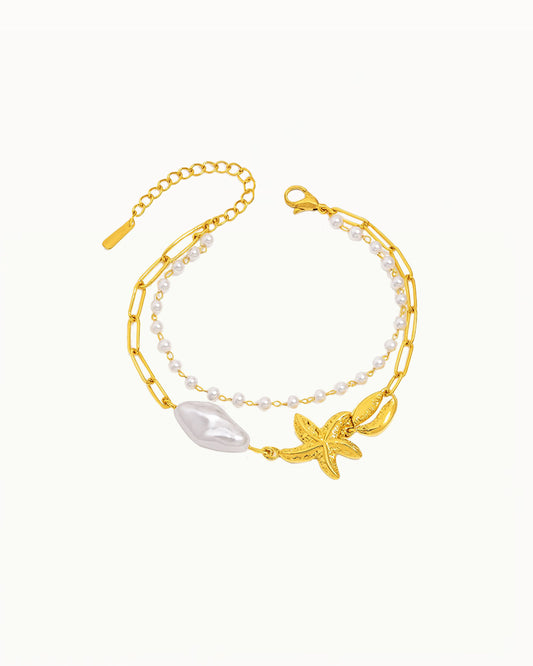 Bracelet double doré avec perle, étoile de mer et coquillage - Busra