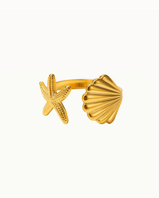 Bague dorée avec étoile de mer et coquillage - Ajustable - Priscilla - R52